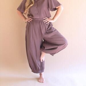 Purple elastic waist wide leg